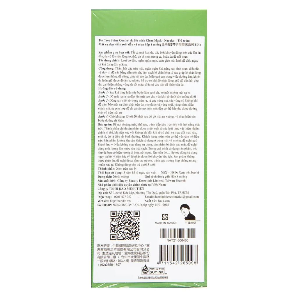 Hộp 8 Miếng Mặt Nạ Naruko Tea Tree Shine Control and Blemish Clear Mask