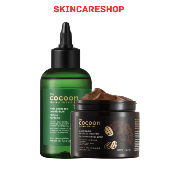 Combo Cocoon Nước Dưỡng Tóc Bưởi 140ml + Tẩy Da Chết Toàn Thân 200ml