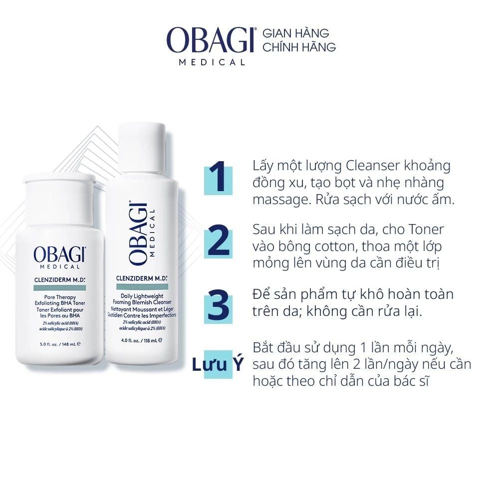 Bộ đôi dưỡng da Toner BHA giảm mụn và Sữa rửa mặt Obagi Medical Clenziderm M.D BHA (148ml & 118ml)