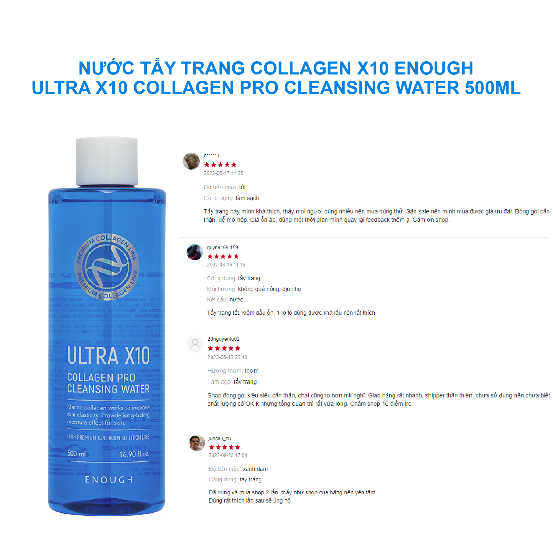 NƯỚC TẨY TRANG COLLAGEN CAO CẤP ENOUGH ULTRA X10 COLLAGEN PRO CLEANSING WATER 500ML