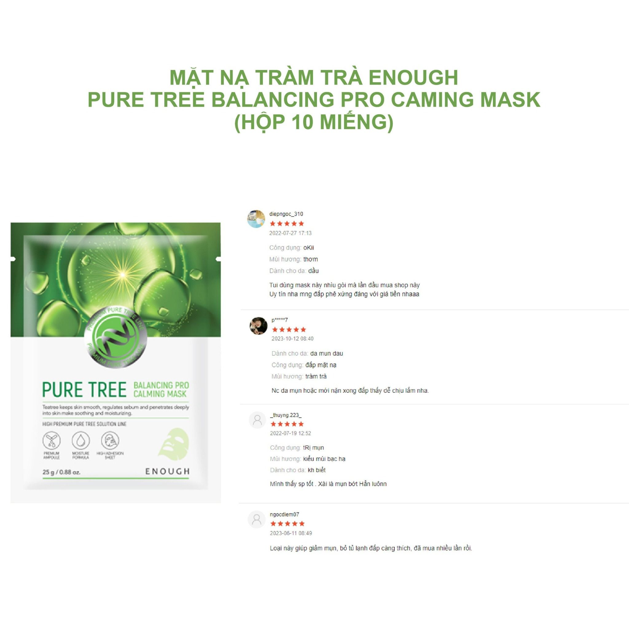 MẶT NẠ TRÀM TRÀ CAO CẤP ENOUGH PURE TREE BALANCING PRO CALMING MASK (HỘP 10 MIẾNG)