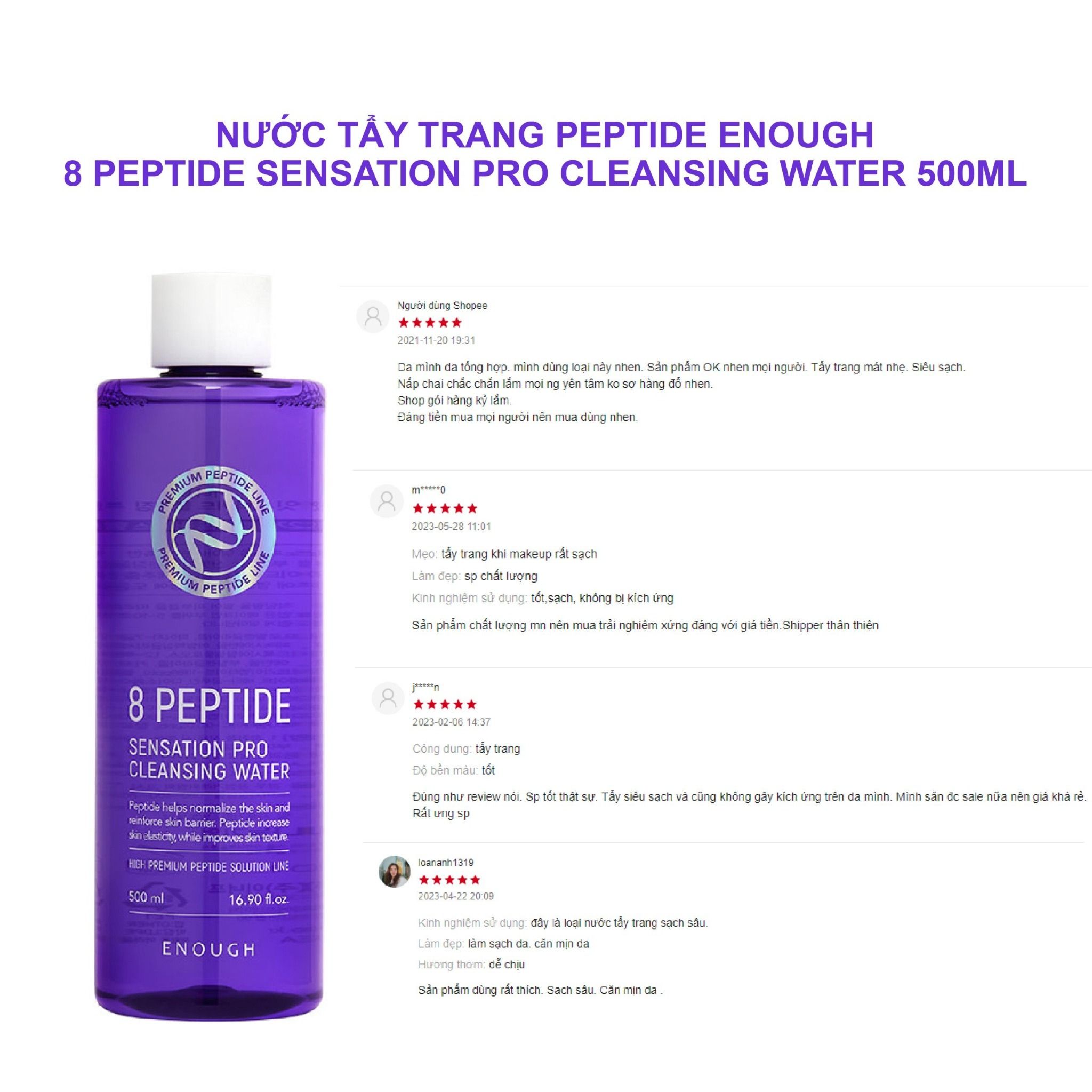 NƯỚC TẨY TRANG PEPTIDE CAO CẤP ENOUGH 8 PEPTIDE SENSATION PRO CLEANSING WATER 500ML