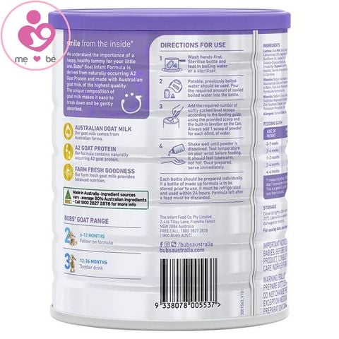 Sữa dê Bübs Australian Goat Milk số 1 của Úc cho trẻ từ 0-6 tháng hộp 800g