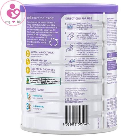 Sữa dê Bübs Australian Goat Milk số 2 của Úc cho trẻ từ 6-12 tháng hộp 800g