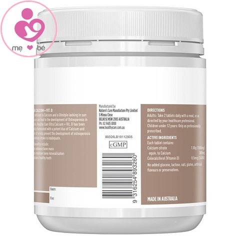 Canxi và vitamin D Healthy Care Ultra Calcium + Vit.D của Úc lọ 150 viên