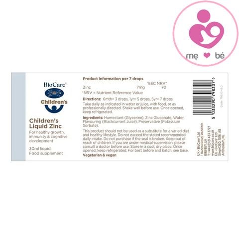 Kẽm dạng nước Biocare Children’s Liquid Zinc của Anh lọ 30ml (mẫu mới 2023