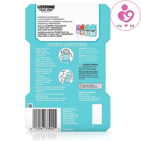 Set 2 lọ xịt thơm miệng Listerine Cool Mint Pocketmist hương bạc hà của Mỹ lọ 7,7ml/lọ