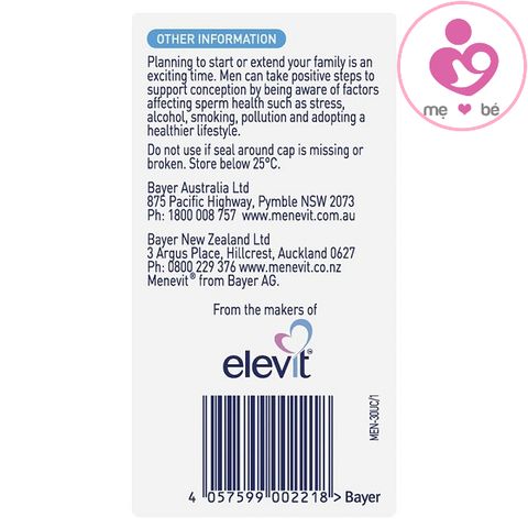 Menevit Pre-Conception của Úc hỗ trợ sức khỏe sinh sản nam giới hộp 30 viên