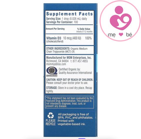 Vitamin D3 hữu cơ Mommys Bliss Organic Drop Của Mỹ (lọ 3,24ml)
