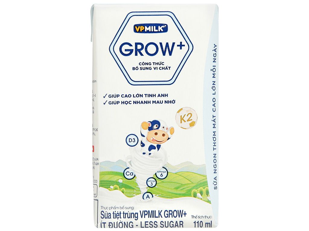  SỮA TIỆT TRÙNG VPMILK GROW+ÍT ĐƯỜNG - LESS SUGAR 110ML (KKM) 