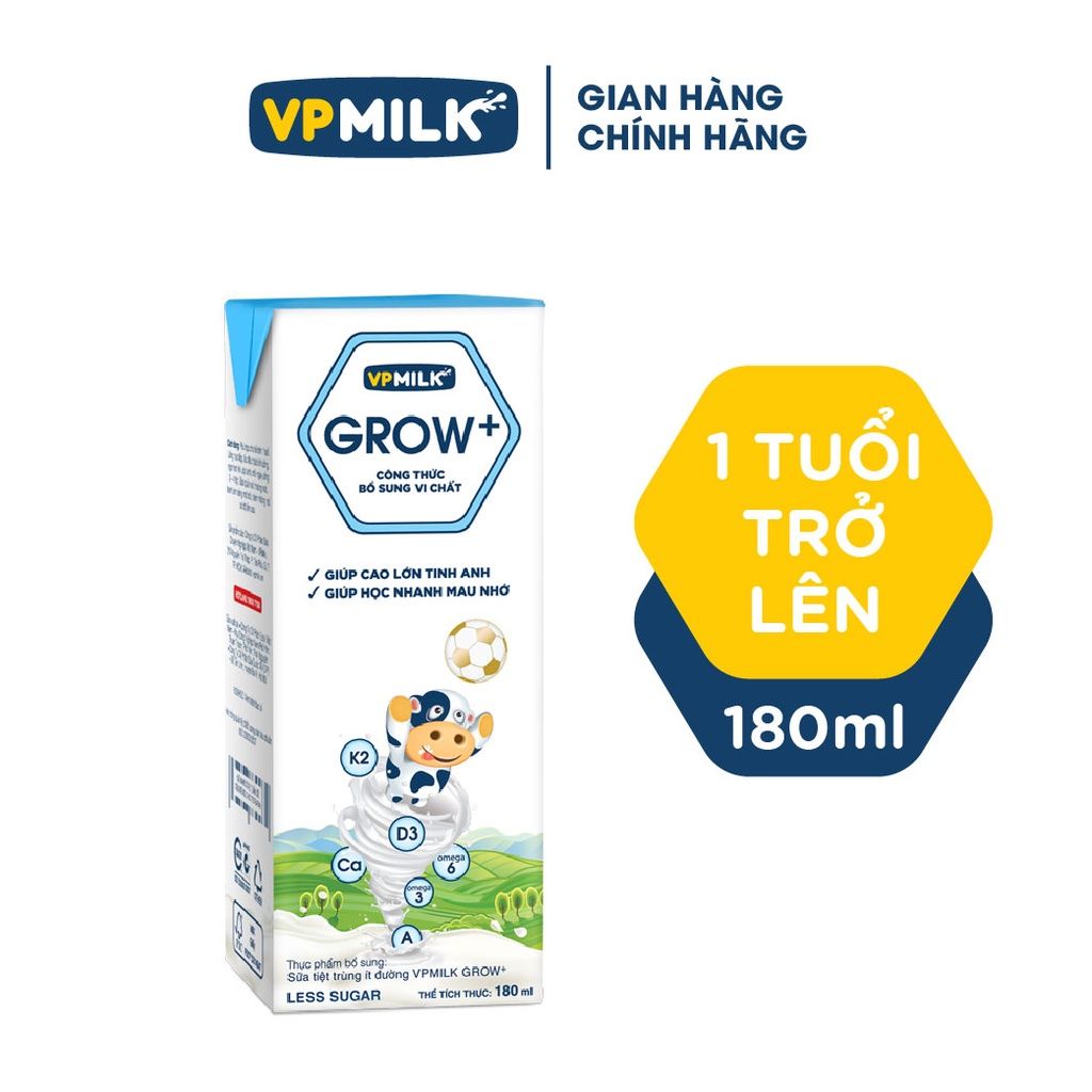  SỮA TIỆT TRÙNG VPMILK GROW+ÍT ĐƯỜNG - LESS SUGAR 180ML (KKM) 