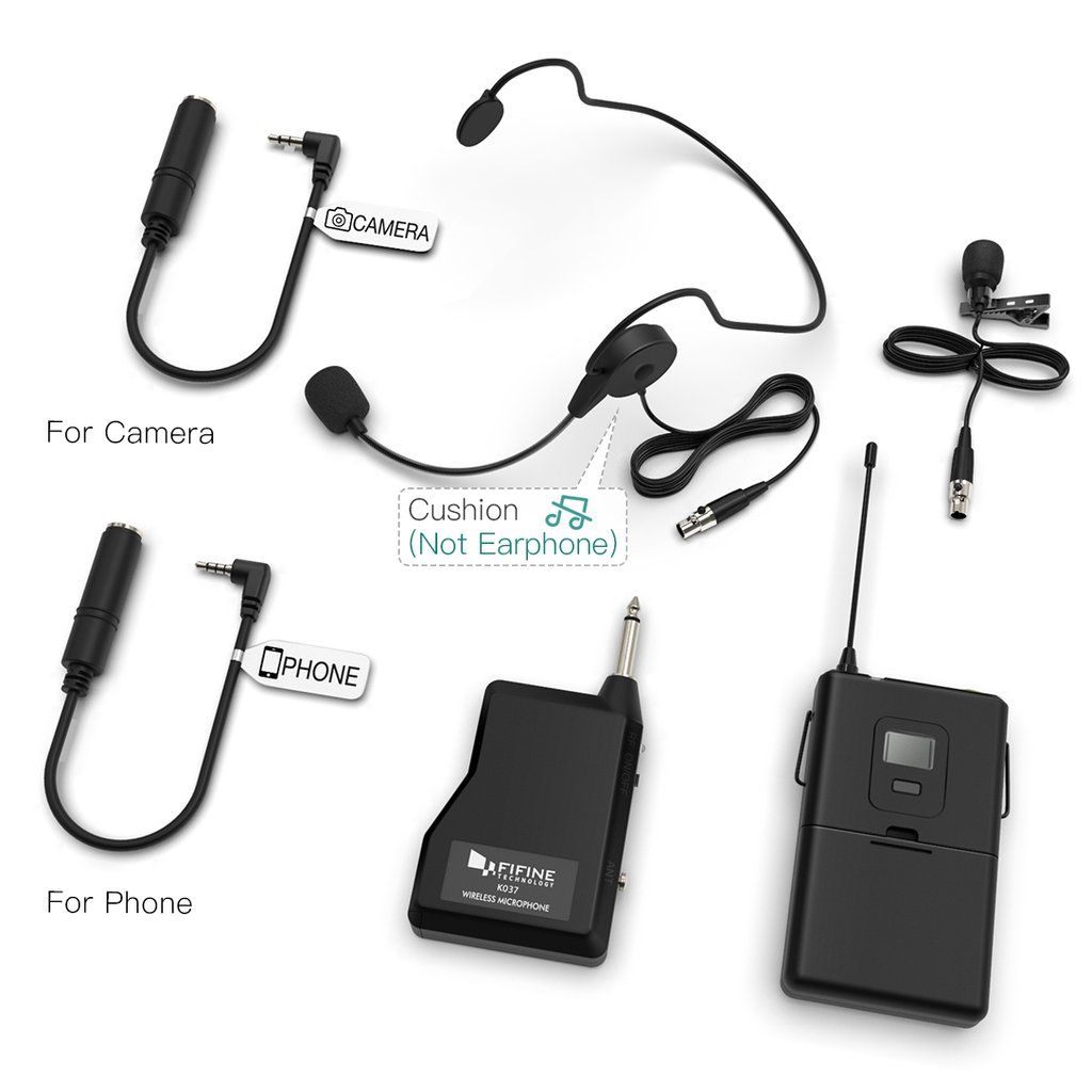 FIFINE K037B WIRELESS SYSTEM WITH LAPEL MIC AND HEADSET FOR SPEAKER, CAMERA, ANDROID AND IPHONE