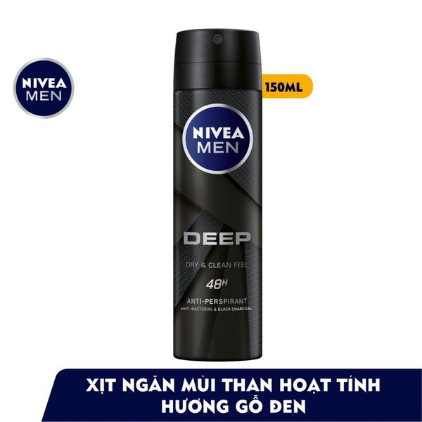 Xịt Ngăn Mùi NIVEA MEN Deep Than Đen Hoạt Tính 150 ml