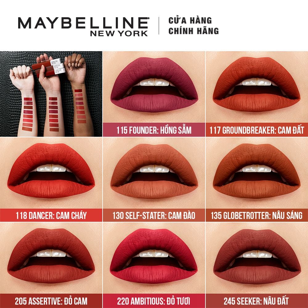 Son Kem Lì Lâu Trôi Maybelline Superstay Matte Ink 3.9g (5ml) #205 Assertive - Đỏ cam