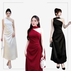 (NT) ĐẦM LỤA SATIN LỆCH VAI KÈM DÂY CỔ NHÚN EO