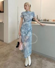 ĐẦM MIDI BODY LƯỚI LOANG MÀU XANH