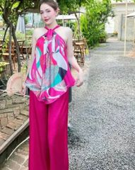 SET ÁO YẾM XOẮN CỔ LỤA BÓNG SATIN HOA VĂN PHỐI QUẦN TRƠN