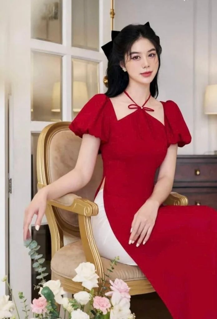 SET ÁO DÀI ĐỎ CỔ YẾM NƠ CỔ FREE SIZE KÈM QUẦN ỐNG SUÔNG