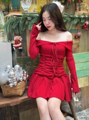 ĐẦM THUN XỐP TRỄ VAI NHÚN EO CỘT CỔ