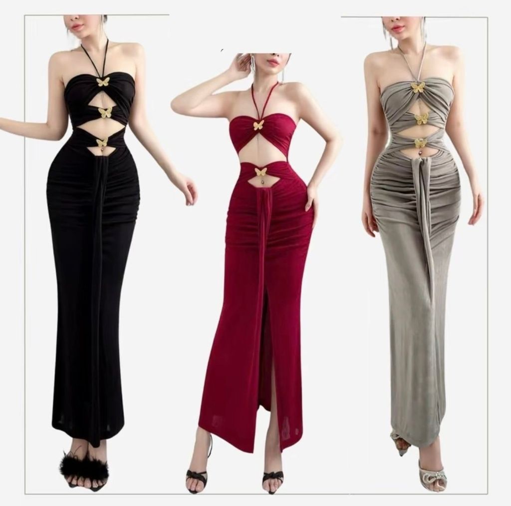 (NT) [3 TAG BƯỚM] ĐẦM THUN BODY CUP NGỰC CỘT CỔ KHOÉT HỞ SEXY