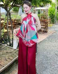 SET ÁO YẾM XOẮN CỔ LỤA BÓNG SATIN HOA VĂN PHỐI QUẦN TRƠN