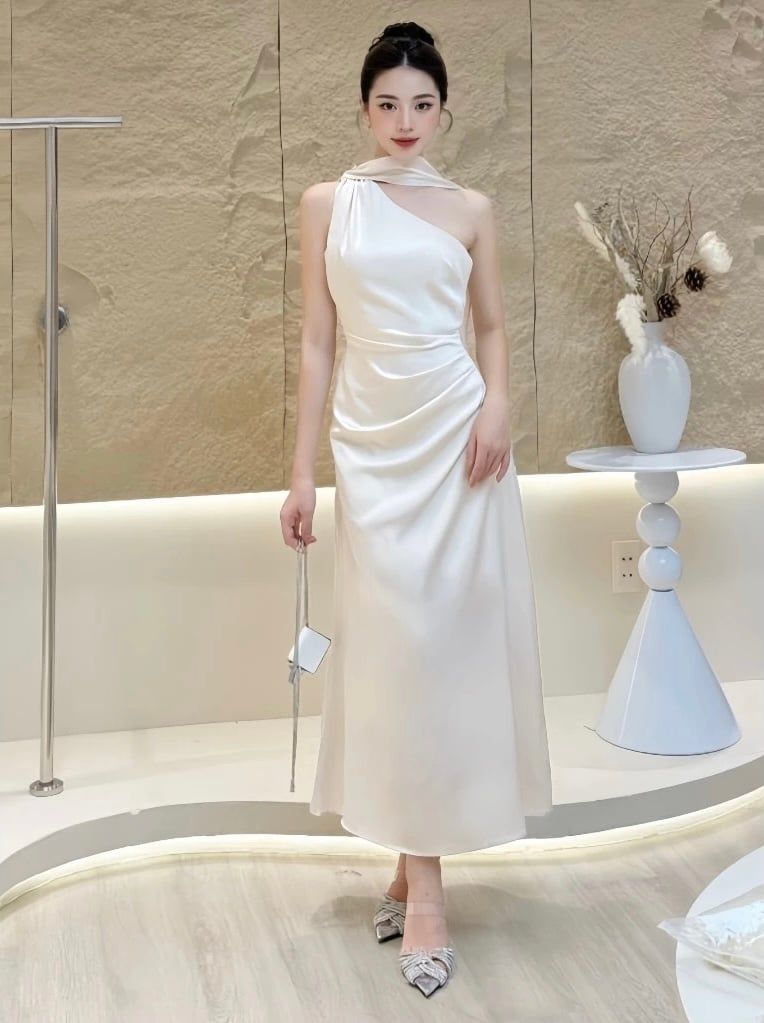 (NT) ĐẦM LỤA SATIN LỆCH VAI KÈM DÂY CỔ NHÚN EO