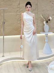 (NT) ĐẦM LỤA SATIN LỆCH VAI KÈM DÂY CỔ NHÚN EO