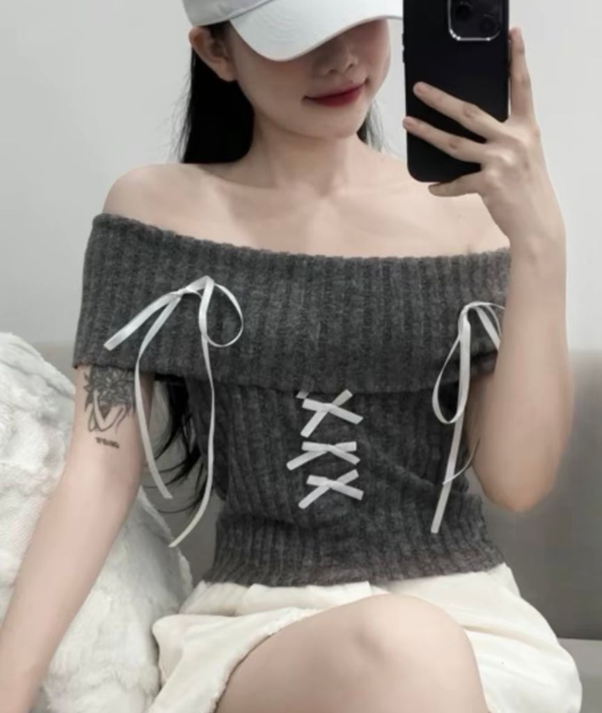 ÁO LEN CROPTOP BẸT VAI ĐÍNH NƠ