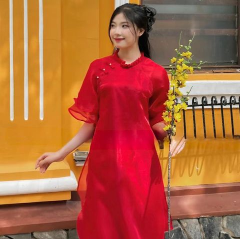 ÁO DÀI ĐỎ 4 TÀ TAY CÁNH XÒE CỔ BÈO QUẦN ĐỎ