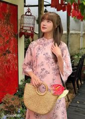 SET ÁO DÀI CÁCH TÂN VOAN TƠ 4 TÀ HỌA TIẾT HOA D.BỤT TAY LOE BUỘC NƠ