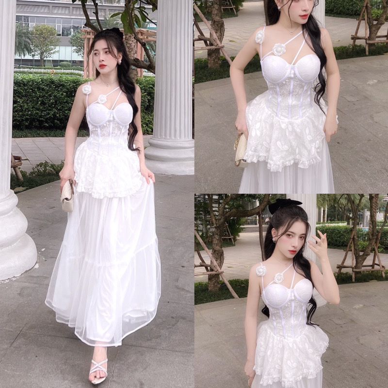 SET ÁO REN CORSET ĐÍNH HOA KÈM CHÂN VÁY LƯỚI