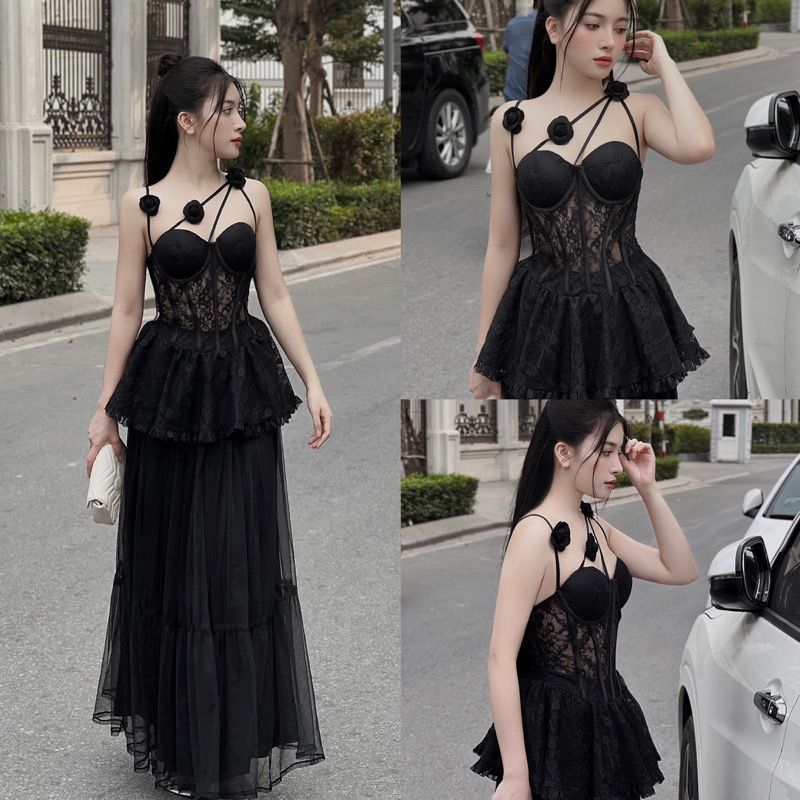 SET ÁO REN CORSET ĐÍNH HOA KÈM CHÂN VÁY LƯỚI