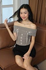 ÁO LEN CROPTOP BẸT VAI ĐÍNH NƠ