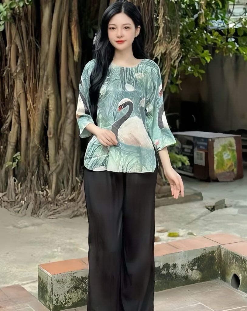 SET LAM VẢI LỤA XƯỚC ÁO HỌA TIẾT TAY LỠ
