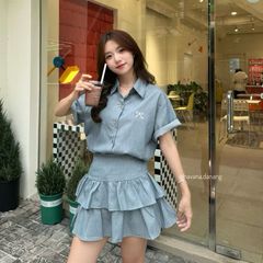 SET ÁO SƠ MI THÊU NƠ NHỎ KÈM CHÂN VÁY 2 TẦNG
