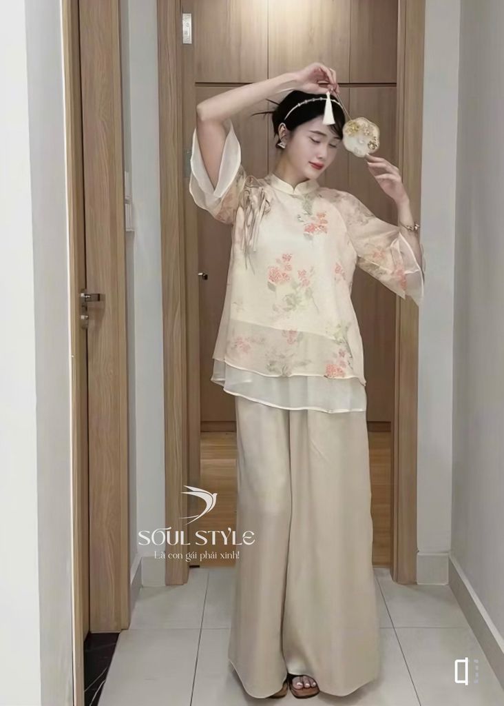 SET CÁCH TÂN ÁO VOAN TƠ HOA NHÍ CÁT TƯỜNG KÈM QUẦN LỤA