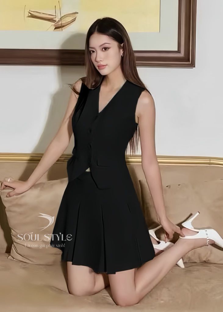 SET VEST KHÔNG TAY PHỐI CHÂN VÁY TENNIS COTTON LẠNH