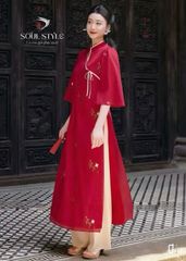 SET ÁO DÀI CÁCH TÂN VOAN TƠ ĐỎ THÊU HOA VIỀN VÀNG 1 BÊN