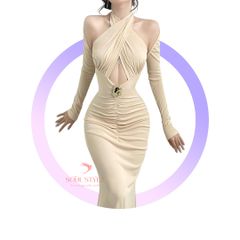 (NT) [KÈM CHARM] ĐẦM THUN BODY CỔ YẾM DÀI TAY KHOÉT HỞ SEXY