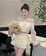 SET ÁO BẸT VAI CỘT CỔ HOA NGỰC KÈM CHÂN VÁY XOÈ
