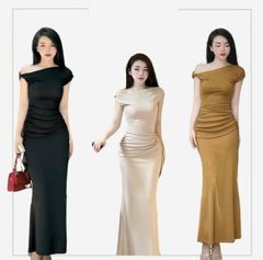 (NT) ĐẦM BODY DÀI XOẮN VAI LỆCH ĐUÔI CÁ NHÚN EO CHE KHUYẾT ĐIỂM