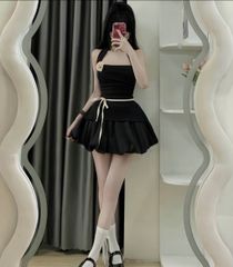 SET ÁO THUN CỔ YẾM XẺ TÀ KÈM TAG HOA QUẦN BÍ