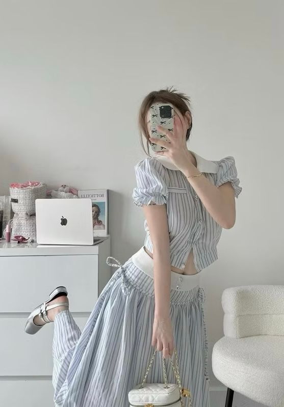 SET SỌC CARO XANH DƯƠNG ÁO SƠ MI KÈM CHÂN VÁY DÀI
