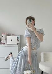 SET SỌC CARO XANH DƯƠNG ÁO SƠ MI KÈM CHÂN VÁY DÀI