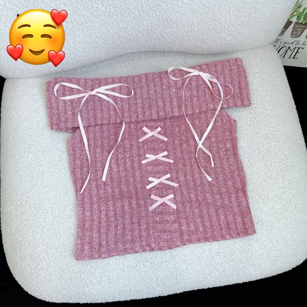 ÁO LEN CROPTOP BẸT VAI ĐÍNH NƠ