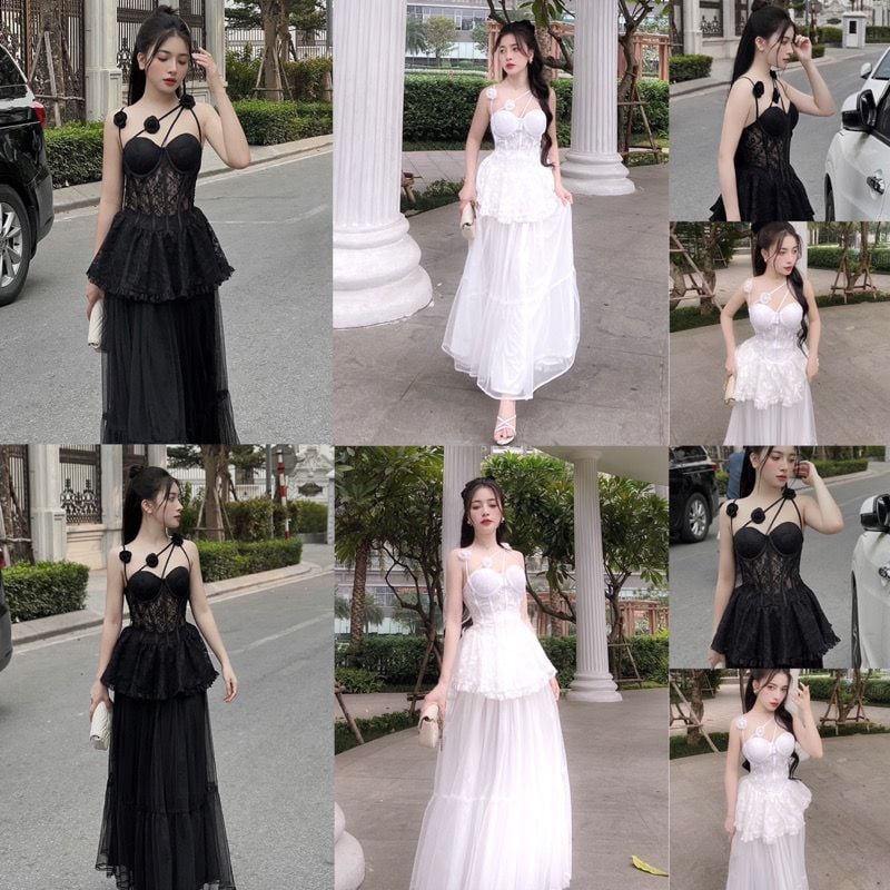 SET ÁO REN CORSET ĐÍNH HOA KÈM CHÂN VÁY LƯỚI