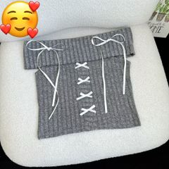 ÁO LEN CROPTOP BẸT VAI ĐÍNH NƠ