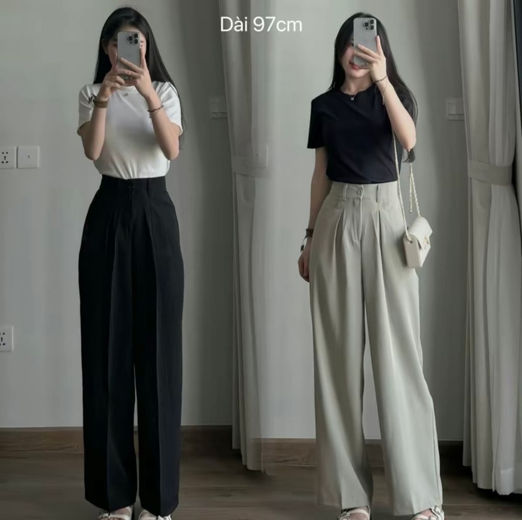 QUẦN ỐNG RỘNG TÚI U VẢI TRƯỢT HÀN RŨ DÀI 97CM