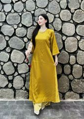 SET ÁO DÀI GẤM HOA CHÌM KHÔNG CỔ