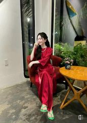 SET ÁO DÀI GẤM HOA CHÌM KHÔNG CỔ